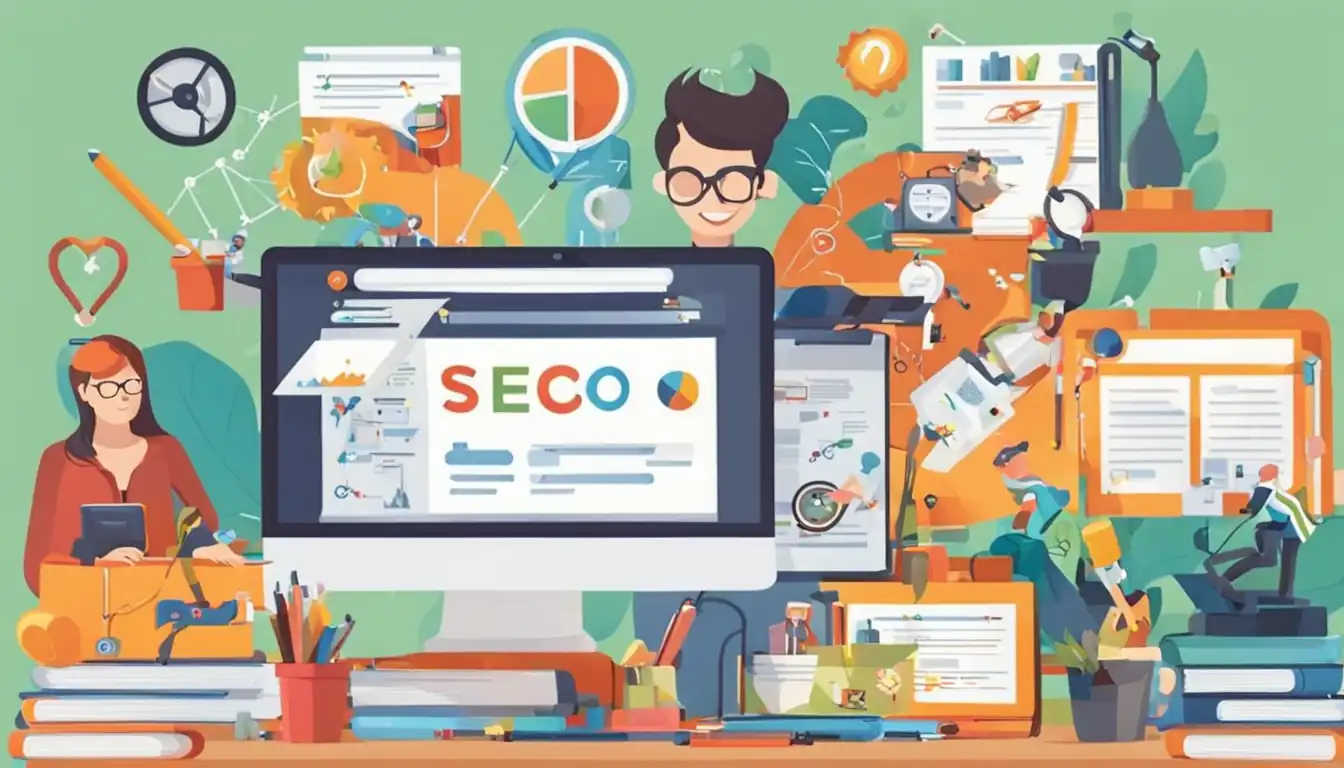 A vibrant image showcasing a writer crafting engaging SEO content, surrounded by keywords and analytics tools.