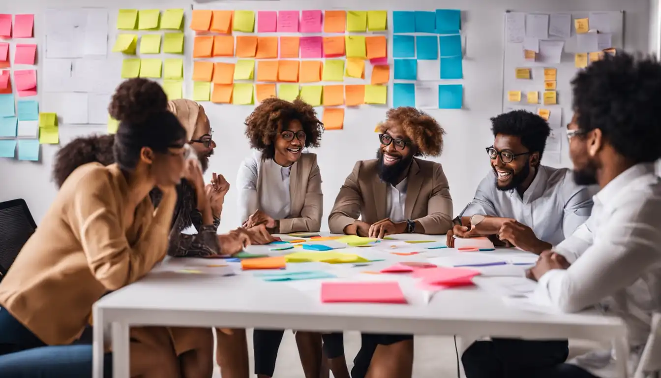Vibrant image of a diverse team brainstorming ideas, surrounded by colorful sticky notes and whiteboards.