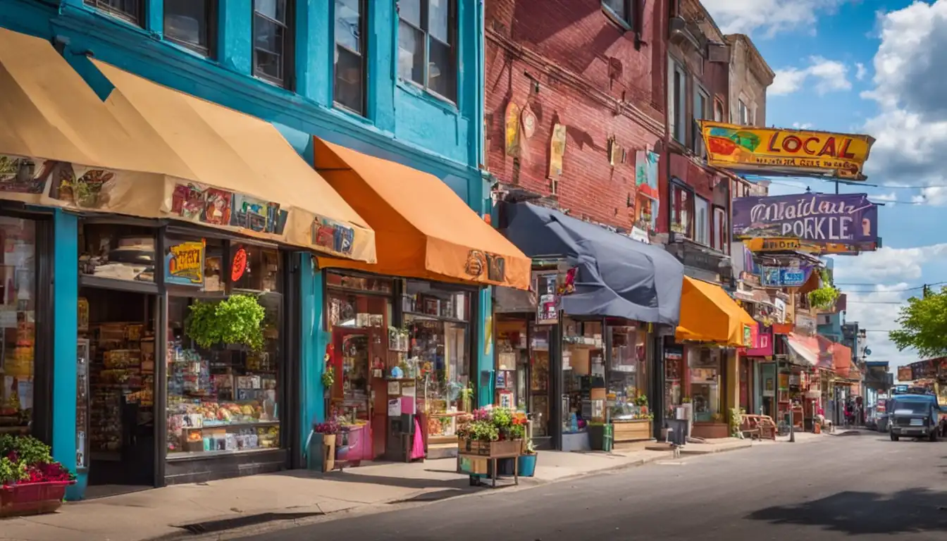 A vibrant image of a local business sign surrounded by colorful storefronts, showcasing the bustling local market.