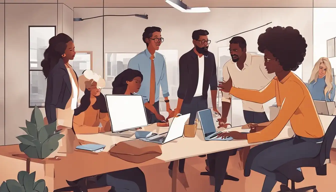 An image of a diverse team collaborating in a modern office, emphasizing teamwork and innovation.