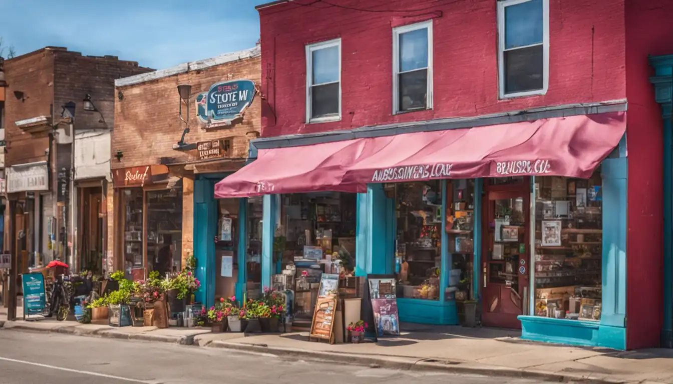 A vibrant image showcasing a local business with a prominent storefront sign, attracting customers in a bustling neighborhood.