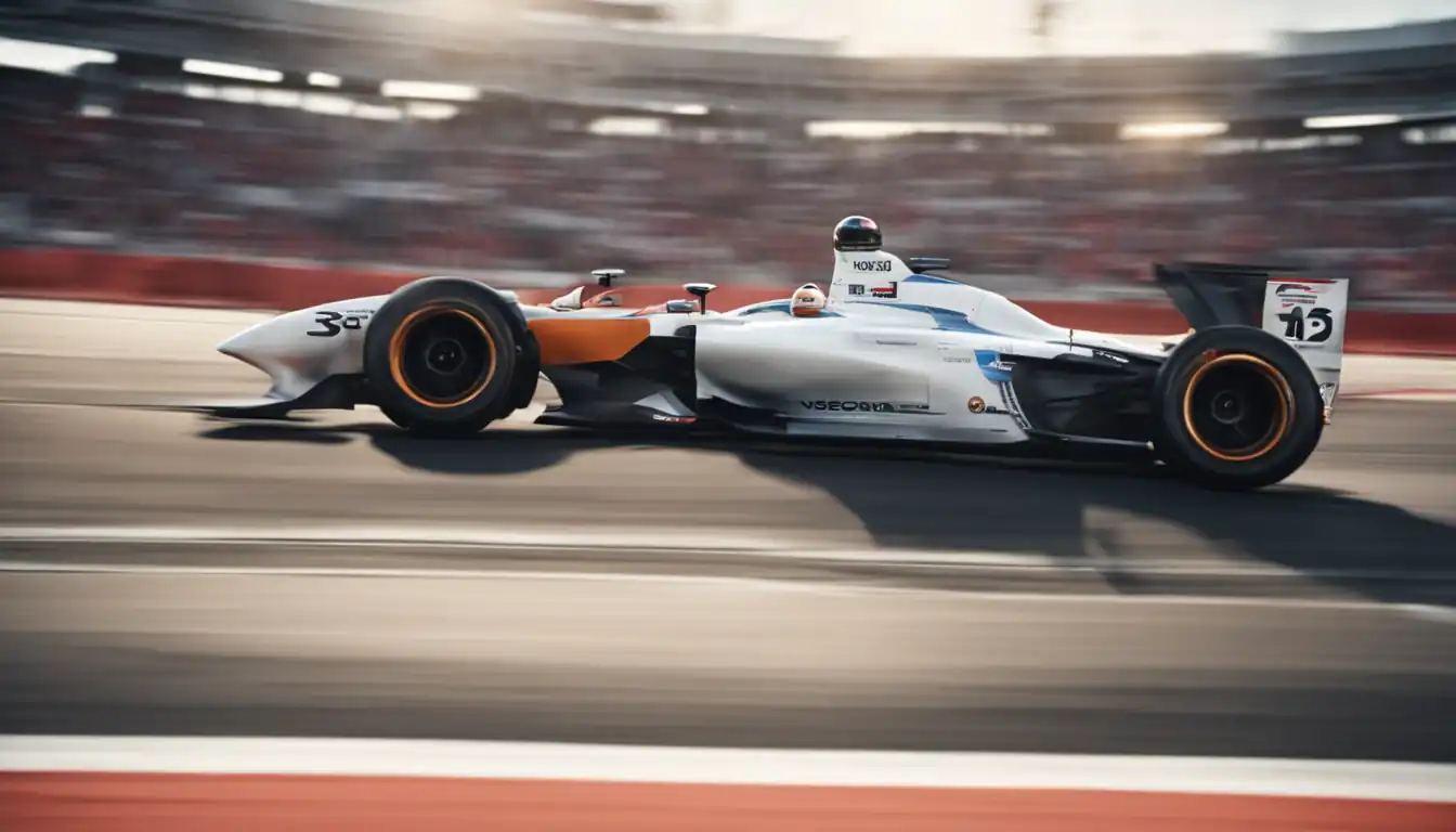 A high-speed race car zooming past a finish line, symbolizing the impact of speed and performance on indexing.
