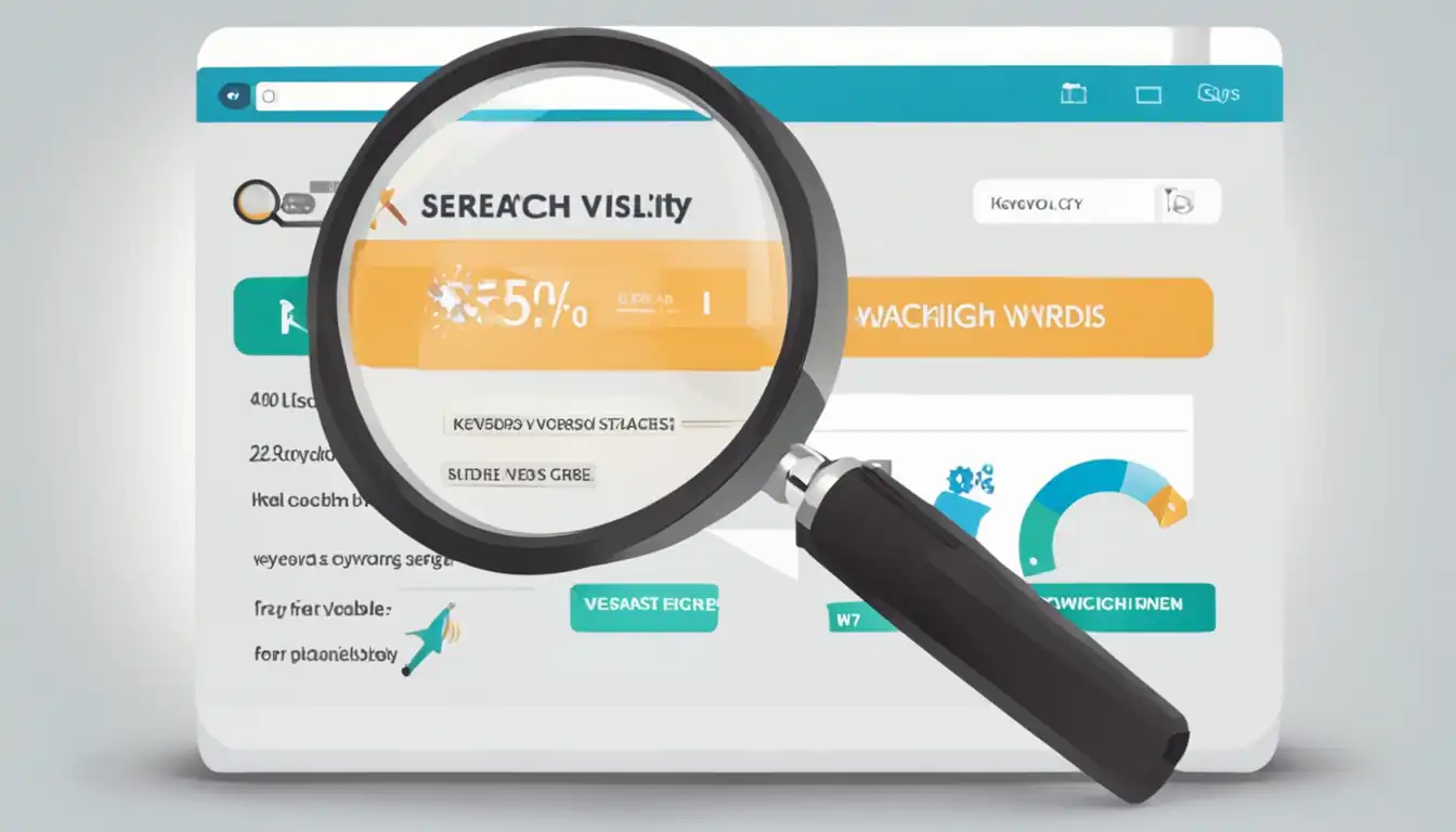 A magnifying glass hovering over a website, revealing hidden keywords and optimizing strategies for search engine visibility.