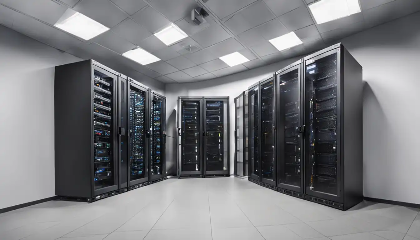 A server room with multiple racks of servers, neatly organized and connected, showcasing efficient hosting infrastructure.