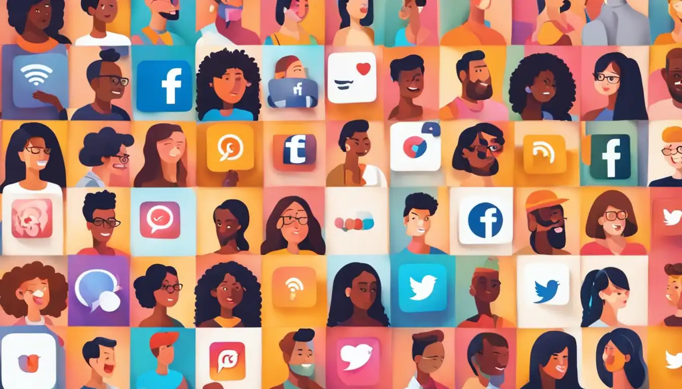 A vibrant image showcasing a diverse group of people engaging with social media platforms, representing audience understanding and engagement.