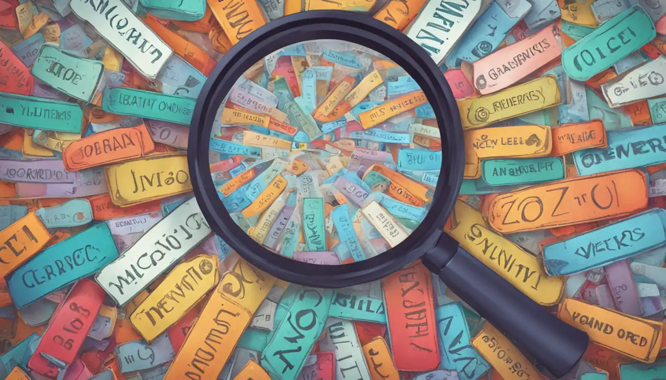 A colorful image showcasing a magnifying glass zooming in on a long-tail keyword amidst a sea of generic keywords.