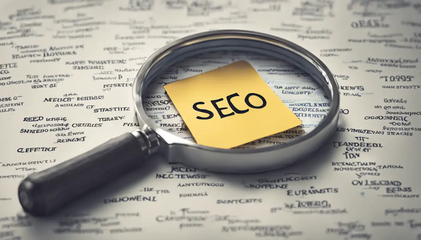 A magnifying glass hovering over a pile of keywords, highlighting the most relevant ones for effective SEO strategies.