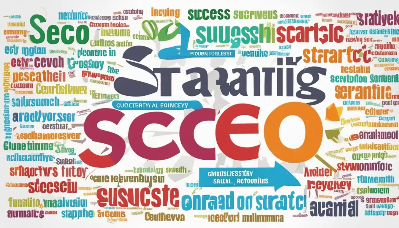 A colorful word cloud showcasing various relevant keywords related to [SEO success](https://www.wordstream.com/blog/ws/2021/03/05/seo-strategy) and strategic keyword analysis.