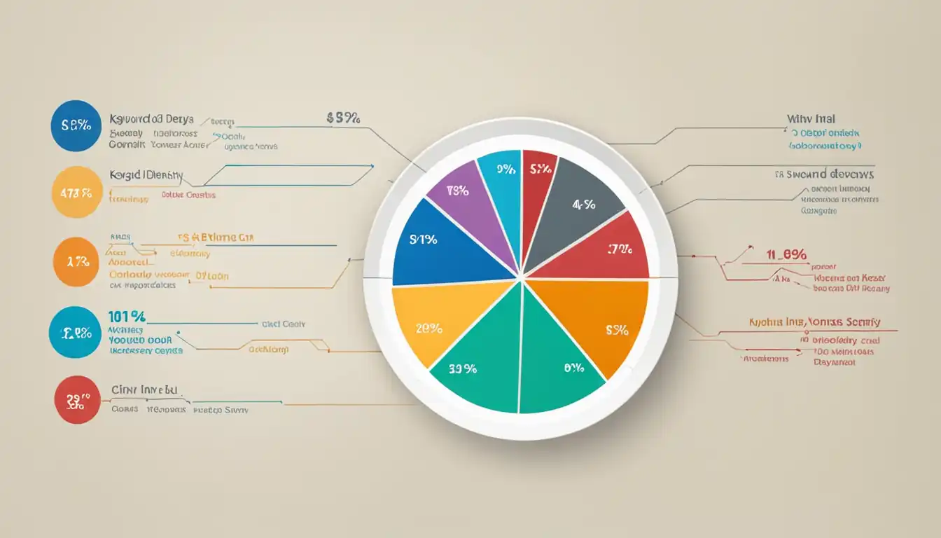 A colorful pie chart showing the distribution of keywords in a text, illustrating the concept of keyword density.