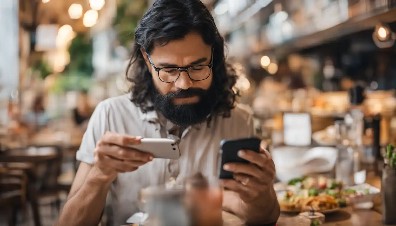 A person holding a smartphone, searching for "[best restaurants near me](https://www.opentable.com/nearby)" with a thoughtful expression.