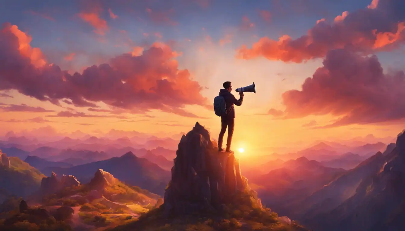 A person holding a megaphone, standing on top of a mountain, surrounded by a vibrant sunset.