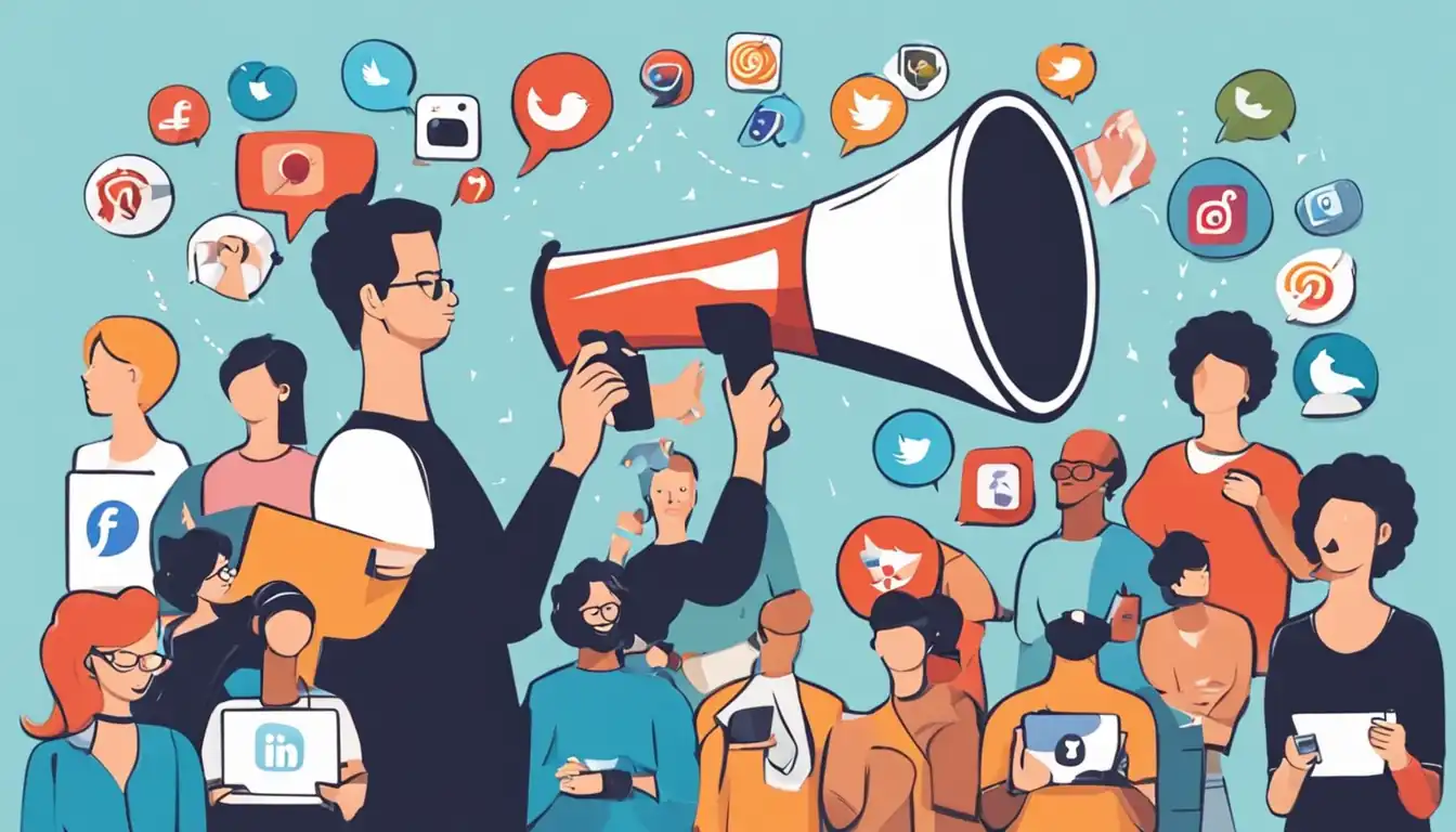 A person holding a megaphone, surrounded by various social media icons and symbols, promoting content to a diverse audience.