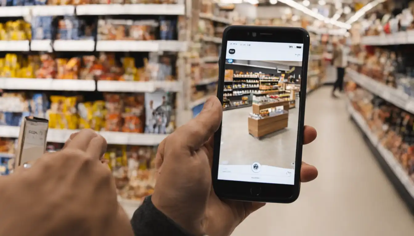 A person using a smartphone to take a photo of a product in a store for visual search.