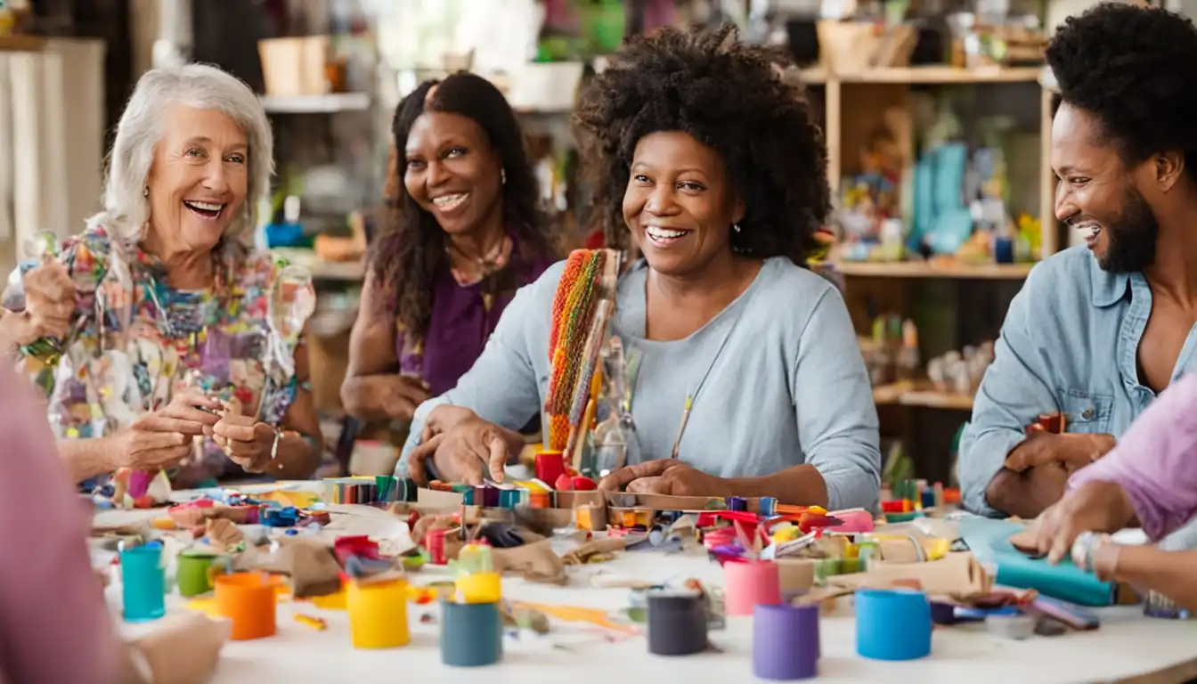 A diverse group of people engaging in lively conversation around a table filled with colorful craft supplies.