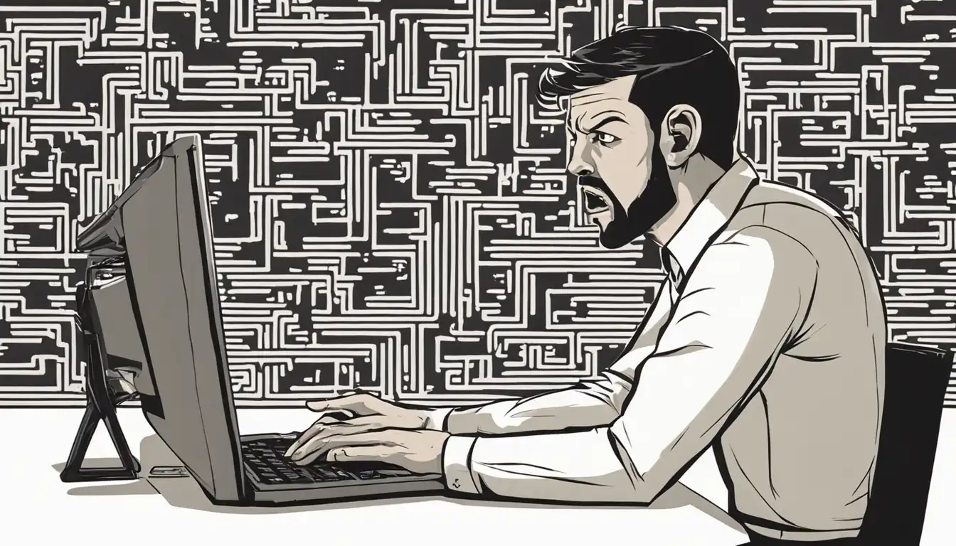 A person looking frustrated while staring at a confusing maze of SEO analytics data on a computer screen.