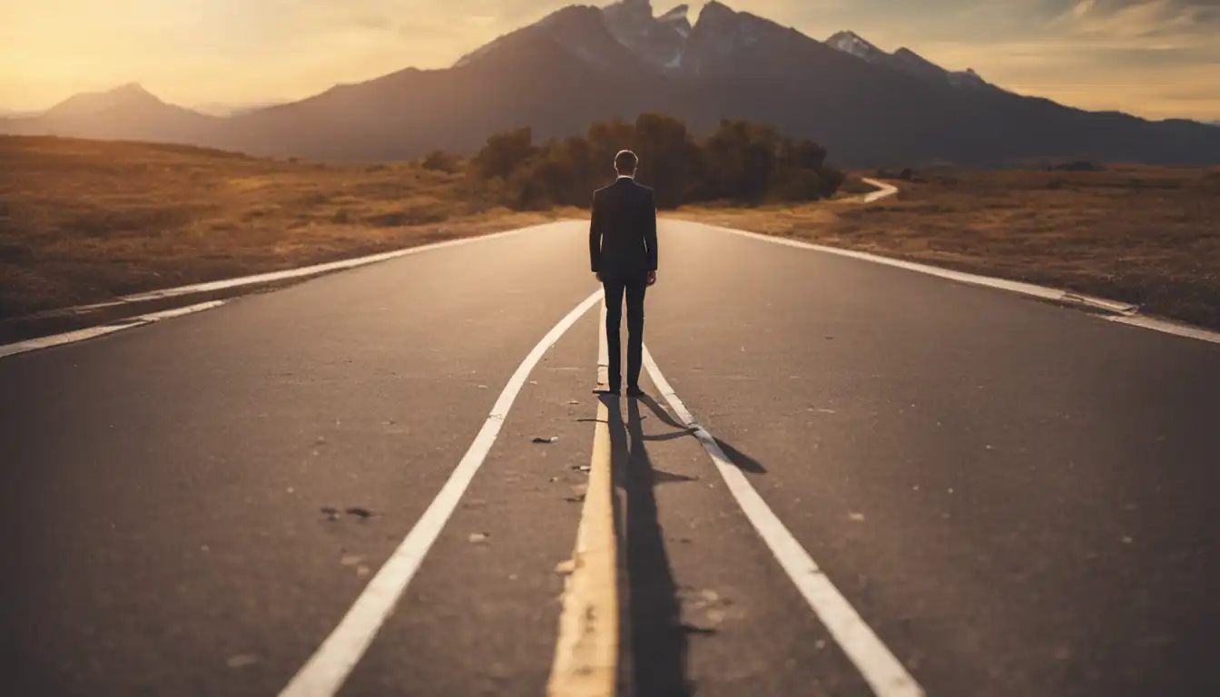 A person standing at a fork in the road, one path leading to success and the other to failure.
