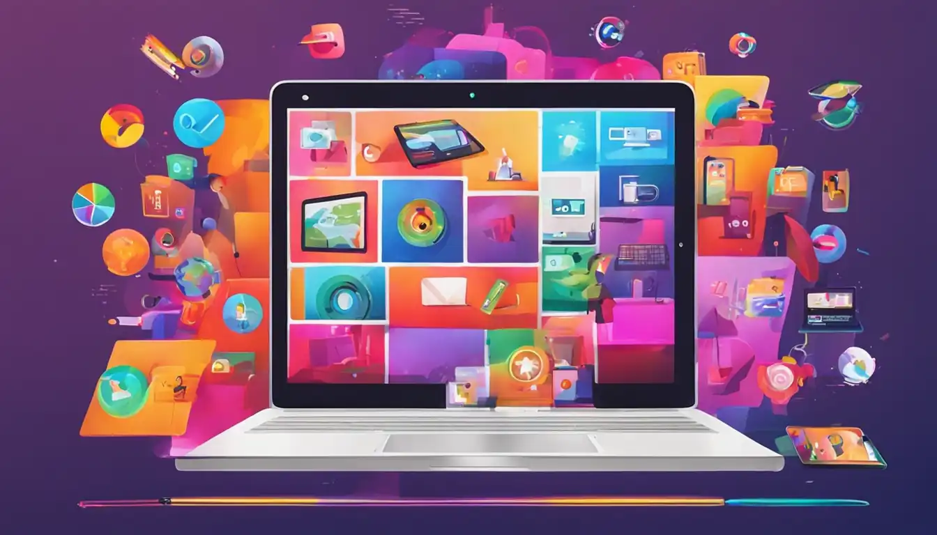A vibrant, eye-catching image of a laptop screen displaying a variety of colorful, engaging multimedia content.