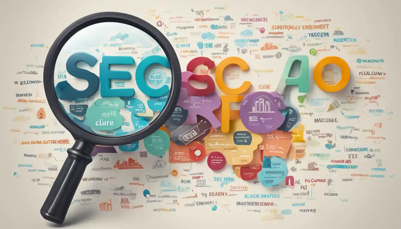A magnifying glass focusing on a keyword cloud with colorful, relevant terms for SEO strategy refinement.