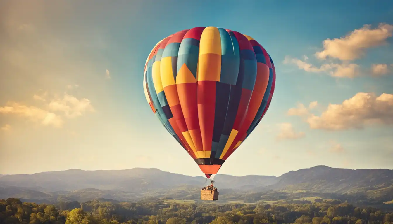 A colorful hot air balloon floating high in a clear blue sky on a sunny day.
