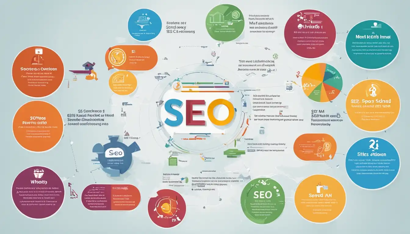 A colorful infographic showing the technical aspects of SEO, like meta tags and site speed optimization.