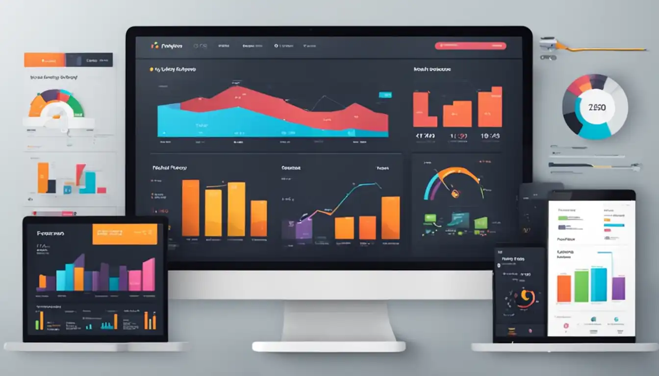 A sleek, modern website interface with colorful charts and graphs showcasing keyword performance metrics.