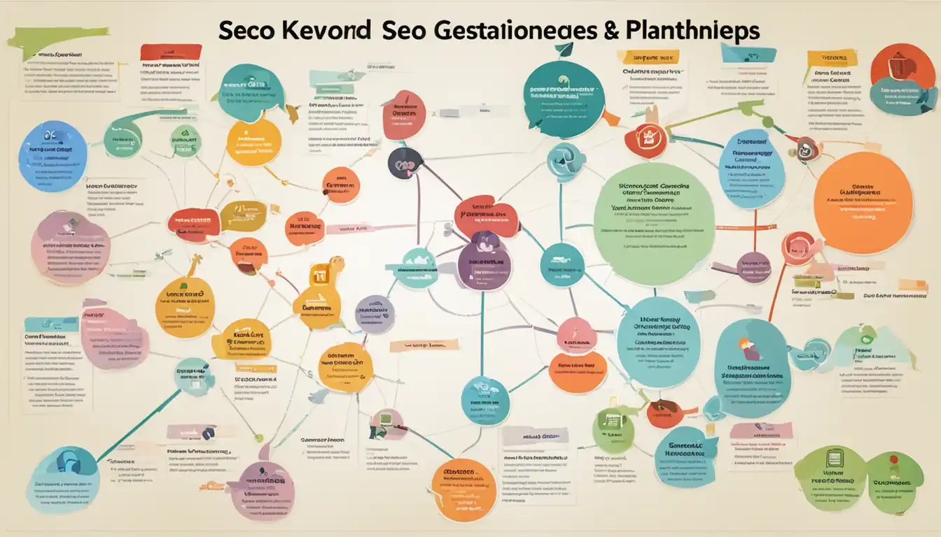 A colorful, organized chart displaying various keyword categories and relationships for SEO strategy planning.