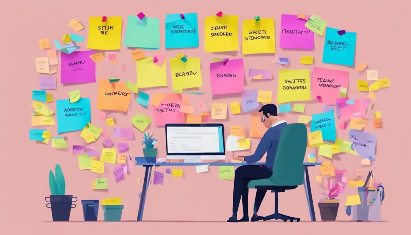 A person sitting at a desk surrounded by colorful sticky notes and brainstorming keywords for SEO.