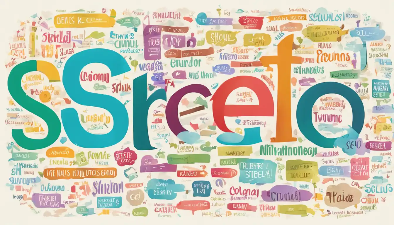 A colorful keyword cloud with various sizes and fonts, representing different SEO strategies and tactics.