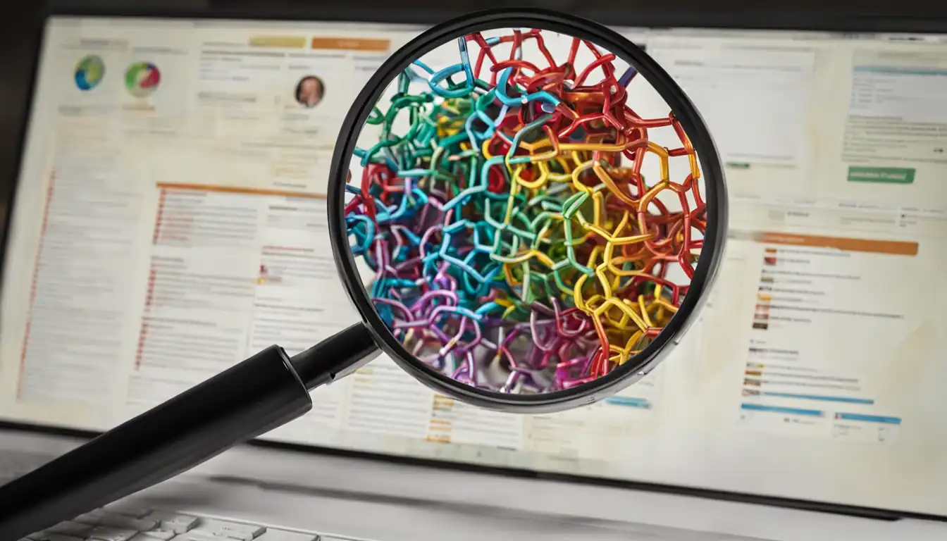 A magnifying glass examining a colorful web of interconnected links on a computer screen.