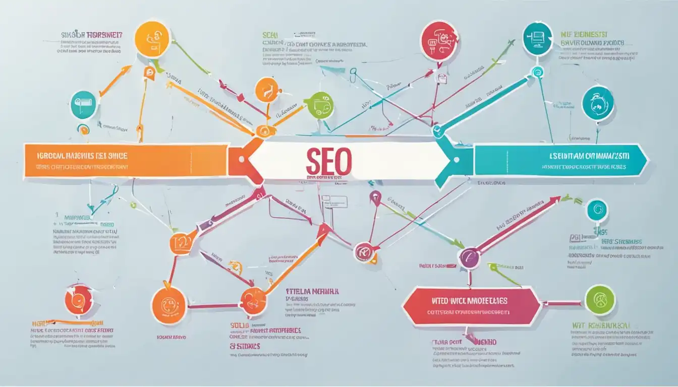 A colorful SEO flowchart with interconnected arrows, representing the complexity of website optimization strategies.