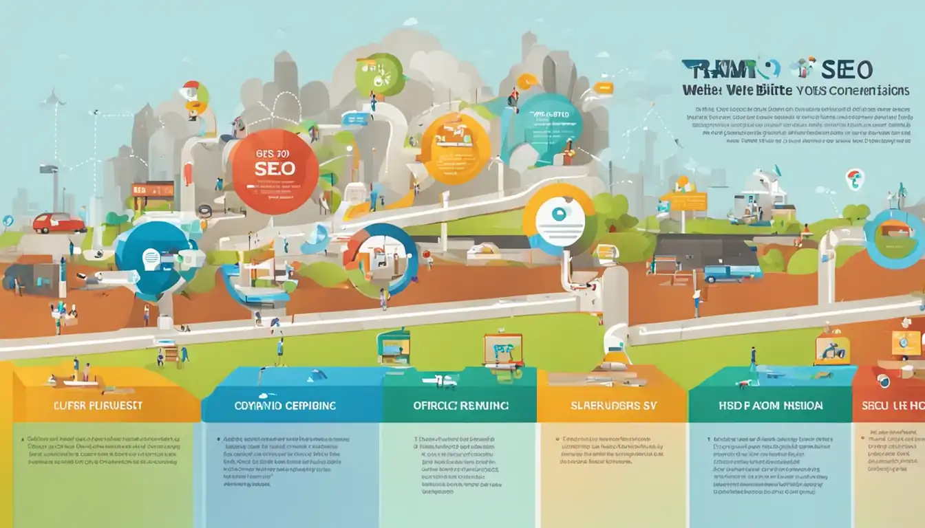 A colorful infographic showing the process of SEO optimization leading to increased website traffic and conversions.