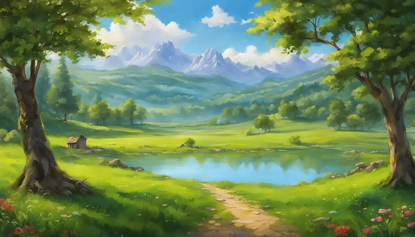 A serene landscape with vibrant colors, showcasing a clear blue sky and lush green meadows.