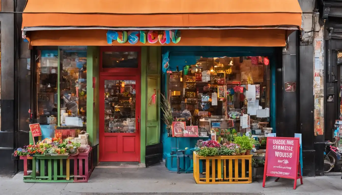 A vibrant storefront with colorful signage and welcoming atmosphere on a bustling city street.
