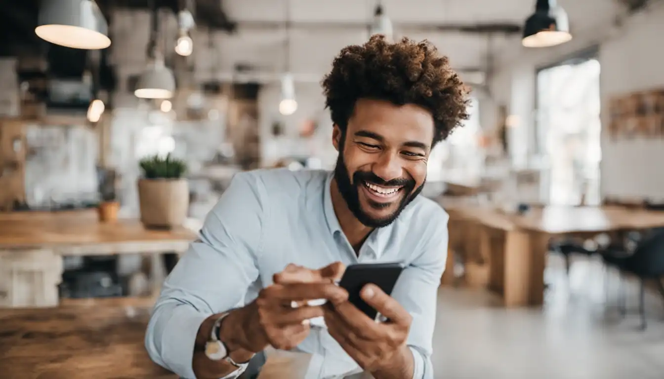 A smiling business owner holding a smartphone, looking at positive local SEO results on screen.