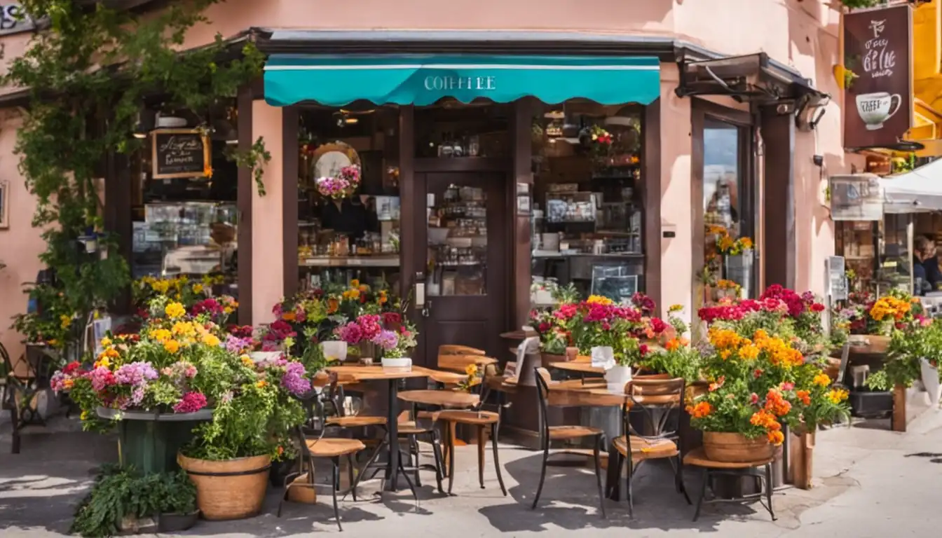 A charming local coffee shop with outdoor seating, surrounded by colorful flowers and welcoming signage.