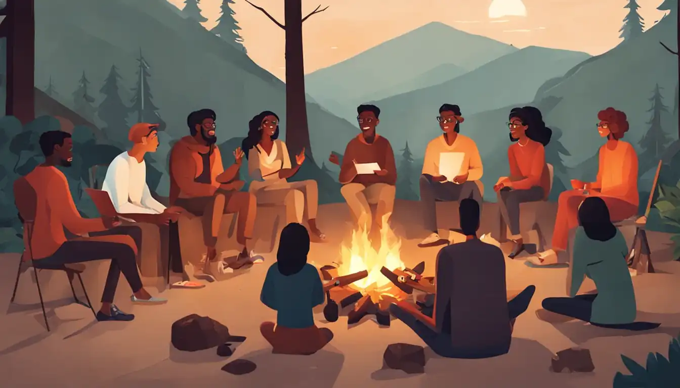 A diverse group of people sharing and discussing ideas around a virtual campfire.