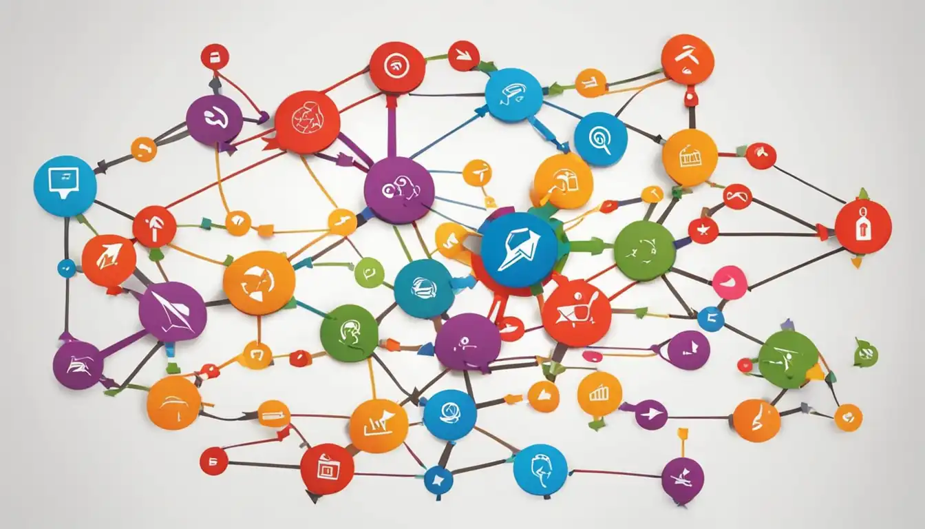 A colorful network of interconnected arrows symbolizing the flow of backlinks between different websites.