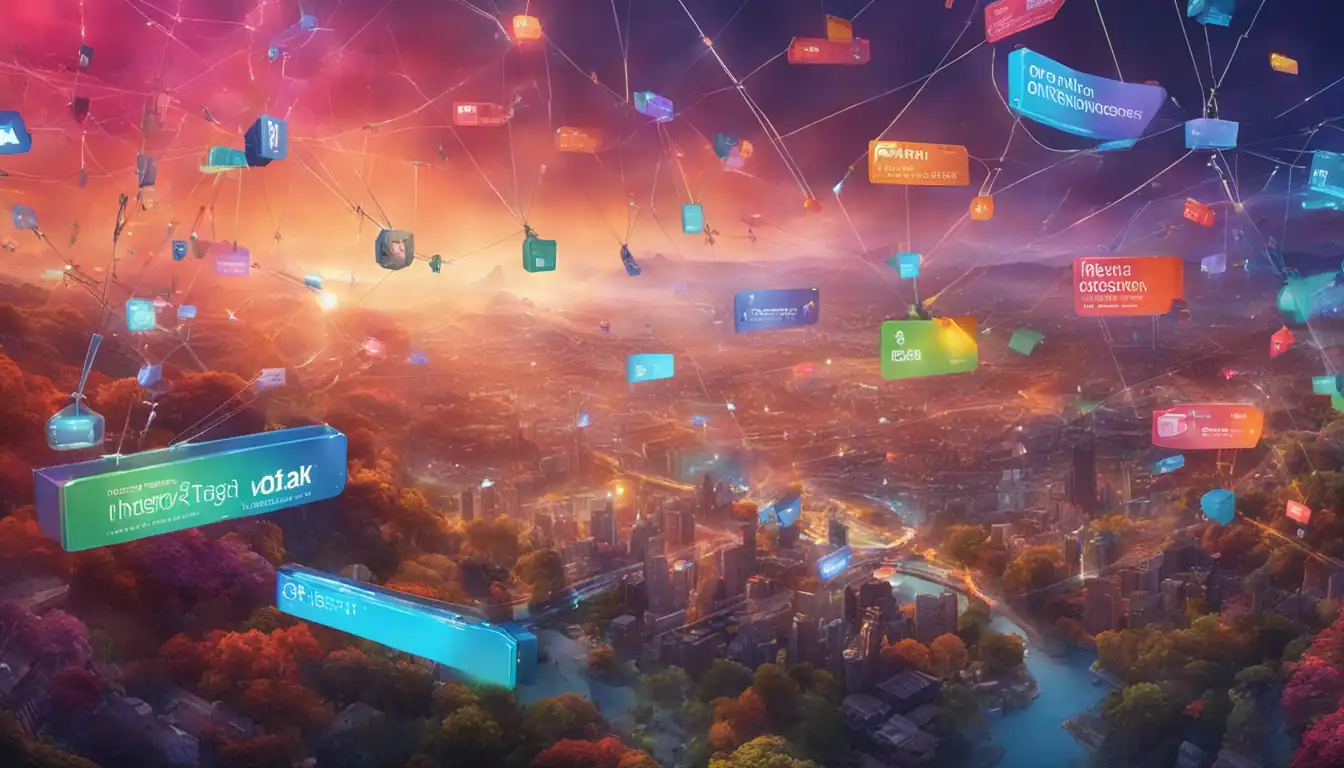 A colorful array of interconnected meta tags floating above a vibrant digital landscape.