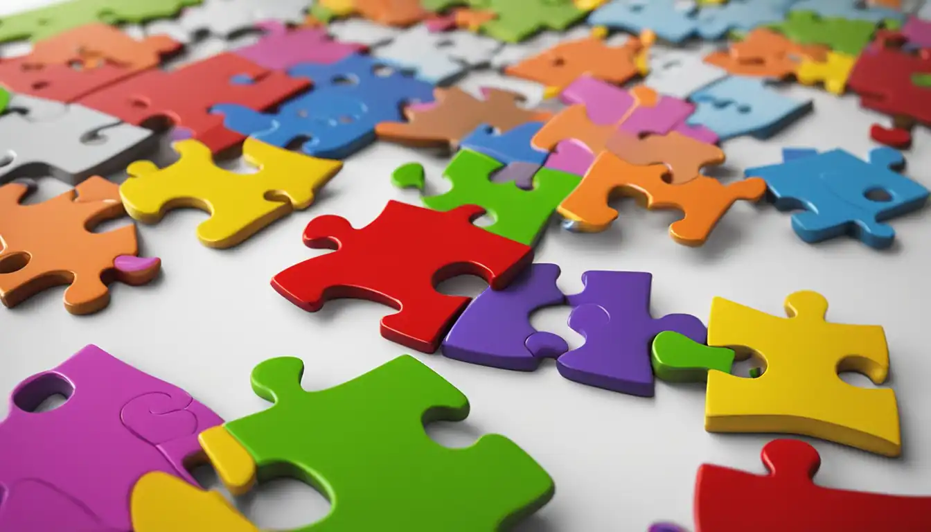 A colorful puzzle piece fitting perfectly into a larger puzzle, symbolizing the importance of title tags.