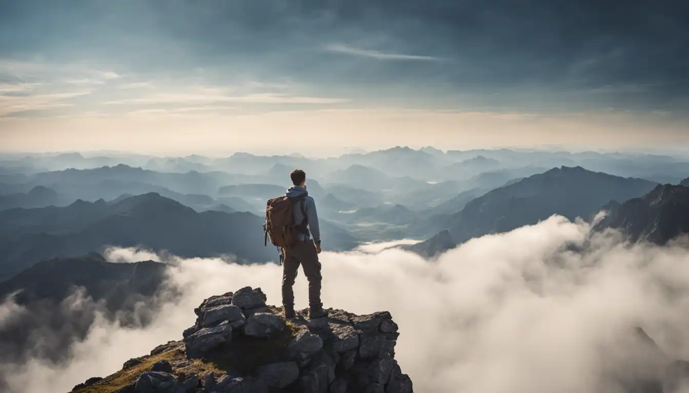 A person standing confidently on top of a mountain peak, overlooking a vast and majestic landscape.