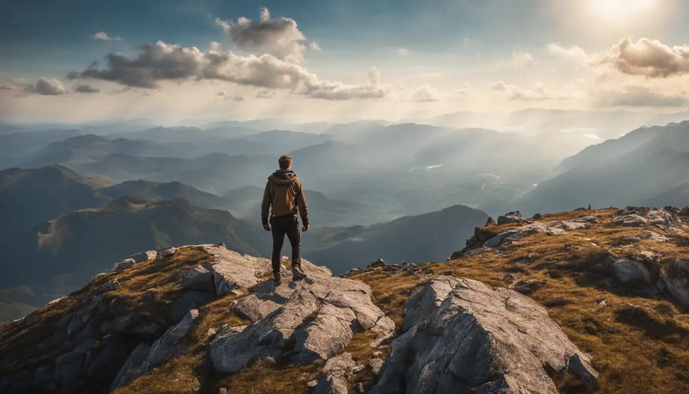 A person standing confidently on top of a mountain, overlooking a vast and majestic landscape.