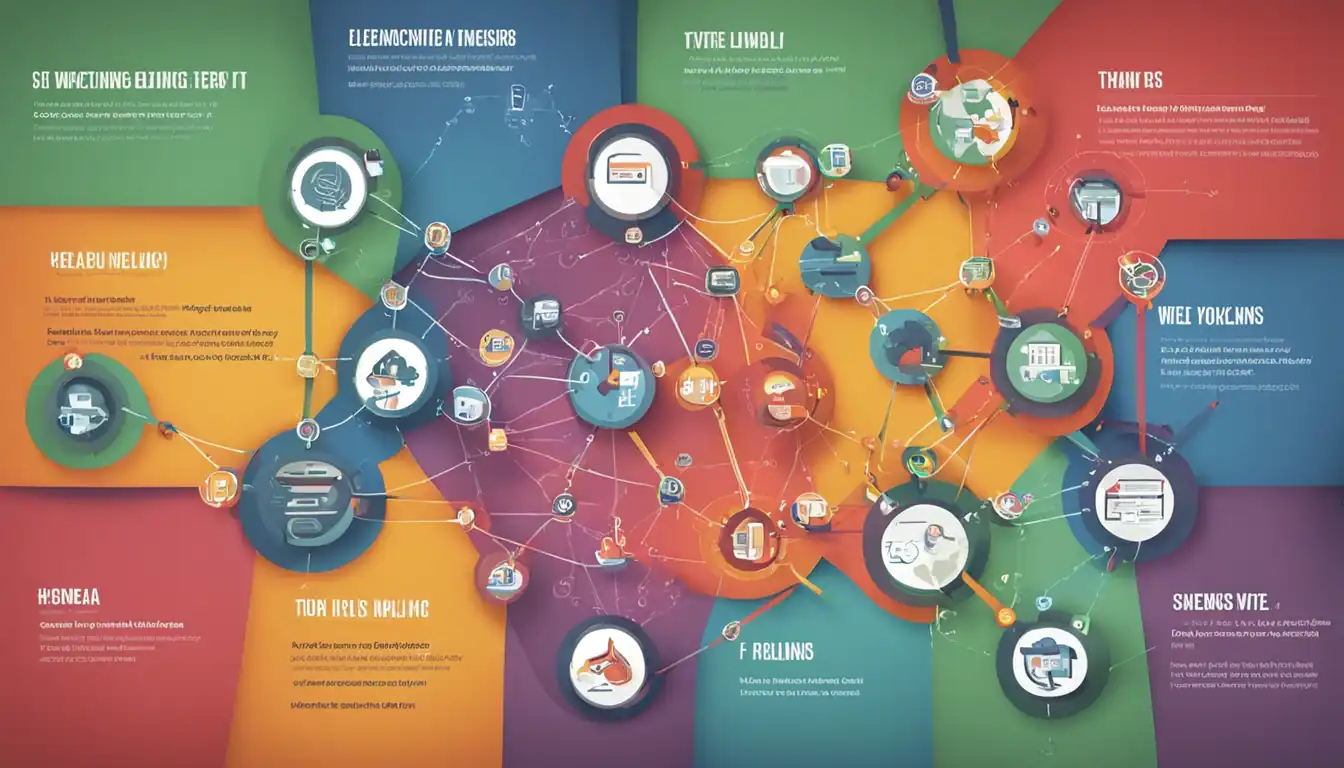 A colorful and engaging infographic showing the interconnected web of backlinks leading to a central website.