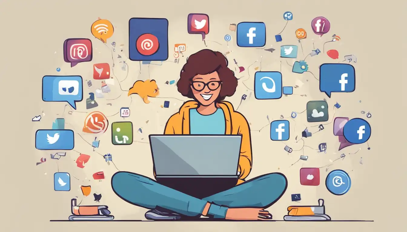 A person using a laptop, surrounded by social media icons, smiling and engaging with followers.