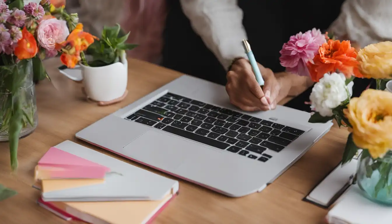 A person writing on a sleek, modern laptop surrounded by colorful notebooks and fresh flowers.