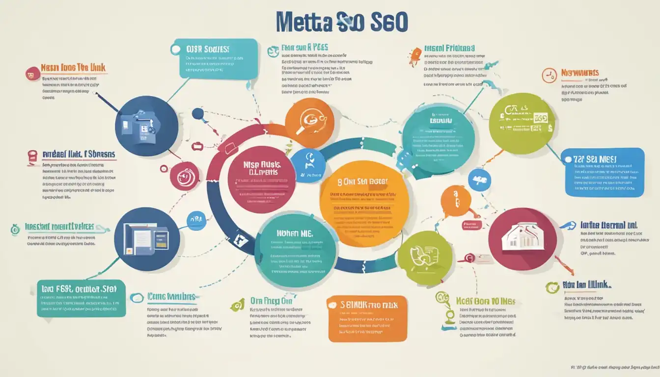 A colorful infographic showing the key elements of on-page SEO like meta tags, keywords, and internal links.
