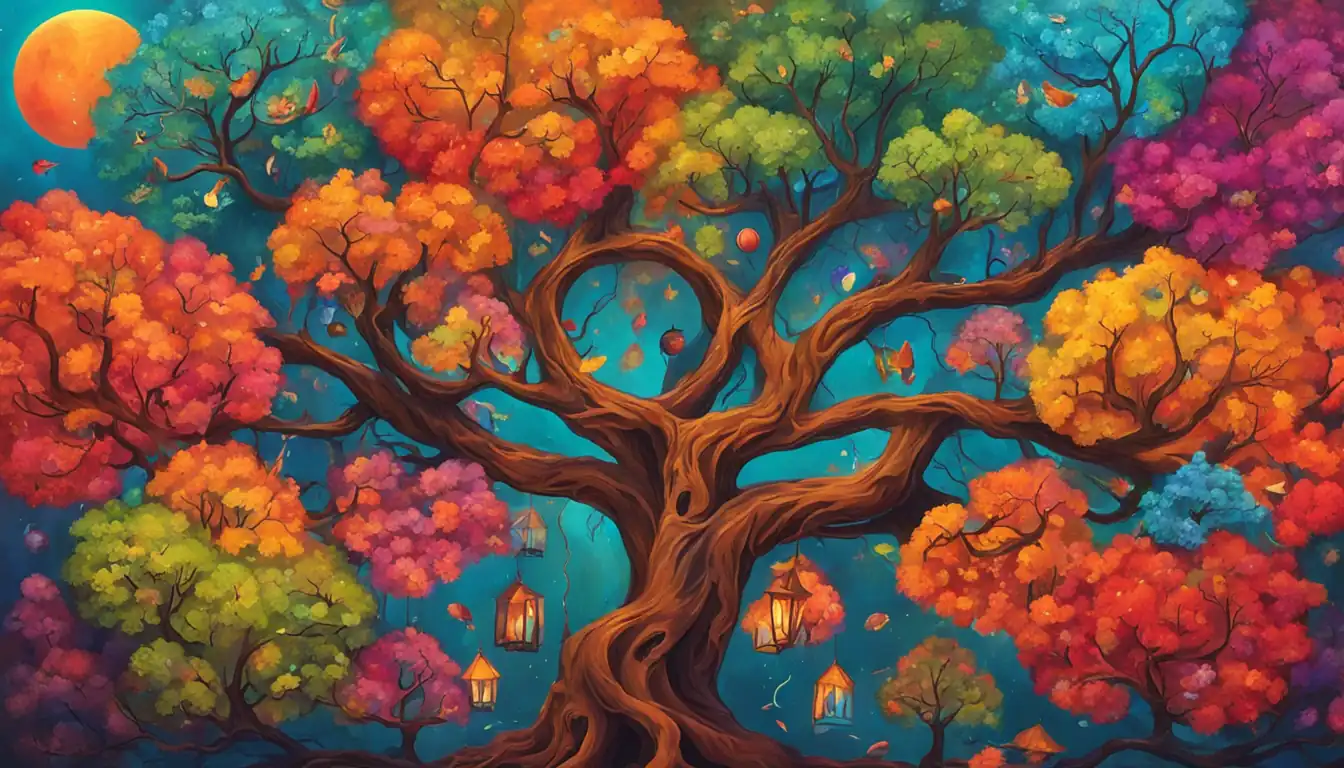 A vibrant, colorful tree with intertwining branches symbolizing interconnectedness and diversity in content creation.