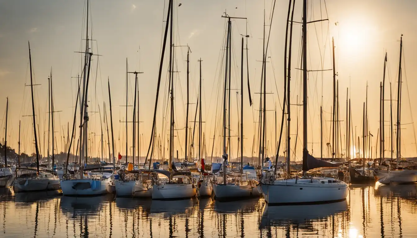 A diverse group of colorful sailboats anchored peacefully in a tranquil, sunlit harbor.