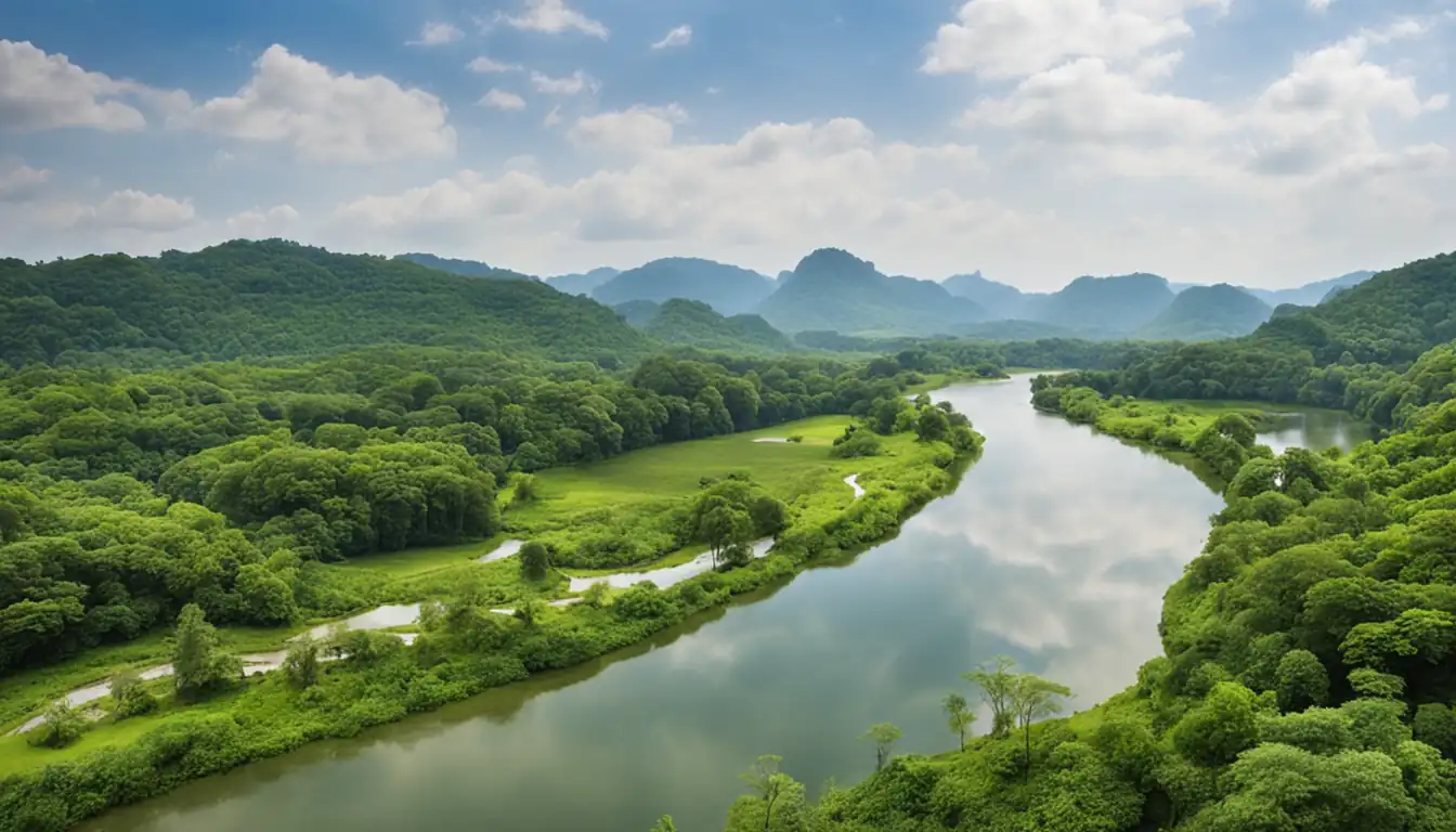 A serene landscape with a winding river, lush greenery, and a clear blue sky.