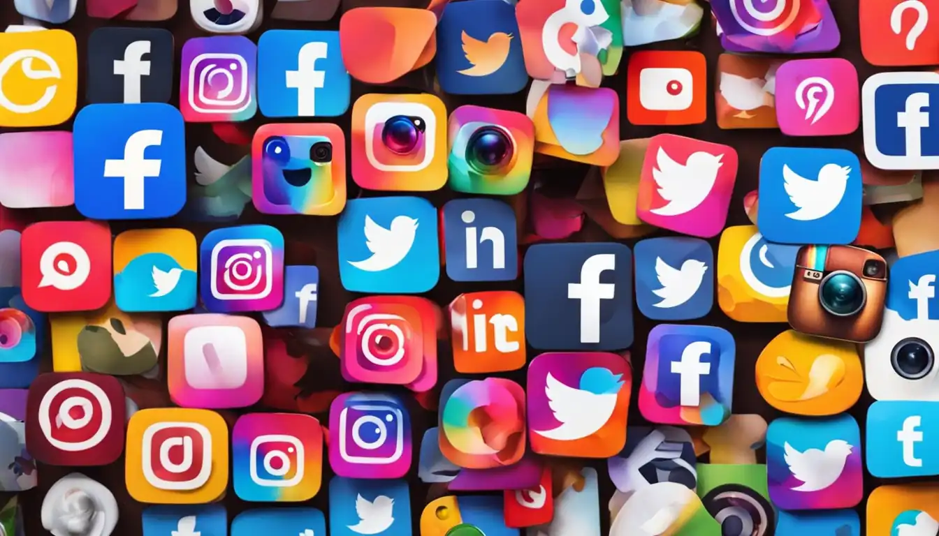 A colorful social media icon collage with vibrant hues representing various platforms like [Facebook](https://www.facebook.com/), Twitter, and [Instagram](https://www.ig.com/).