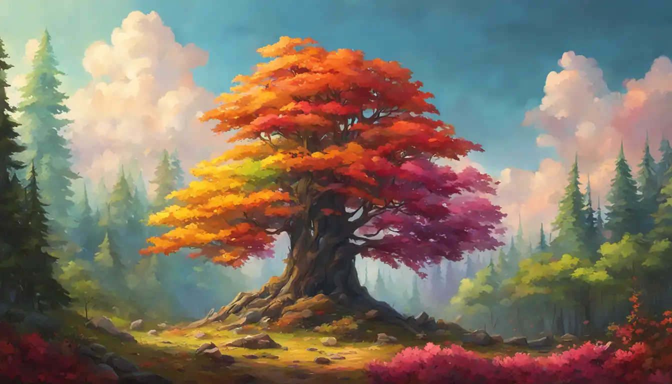 A colorful tree growing tall and strong in a vibrant, sunlit forest clearing.